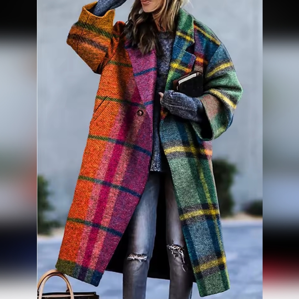 Women's Tweed Coat Contrast Color Plaid Loose Fit Outerwears Fall And Winter - Picture 2 of 6